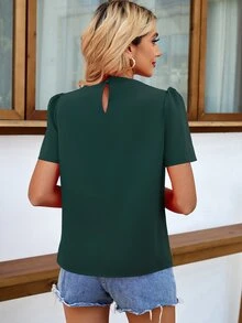 EMERY ROSE Mock Neck Keyhole Back Blouse,Short Sleeve Tops - Dark Green - View 2