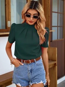 EMERY ROSE Mock Neck Keyhole Back Blouse,Short Sleeve Tops - Dark Green - View 5