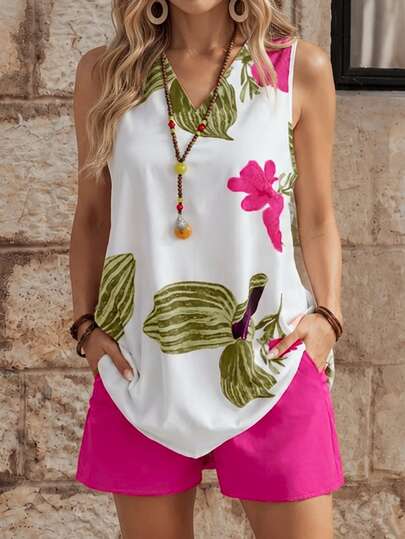 EMERY ROSE Conjunto de 2 piezas con top sin mangas y shorts con estampado floral, atuendo de vacaciones/casual