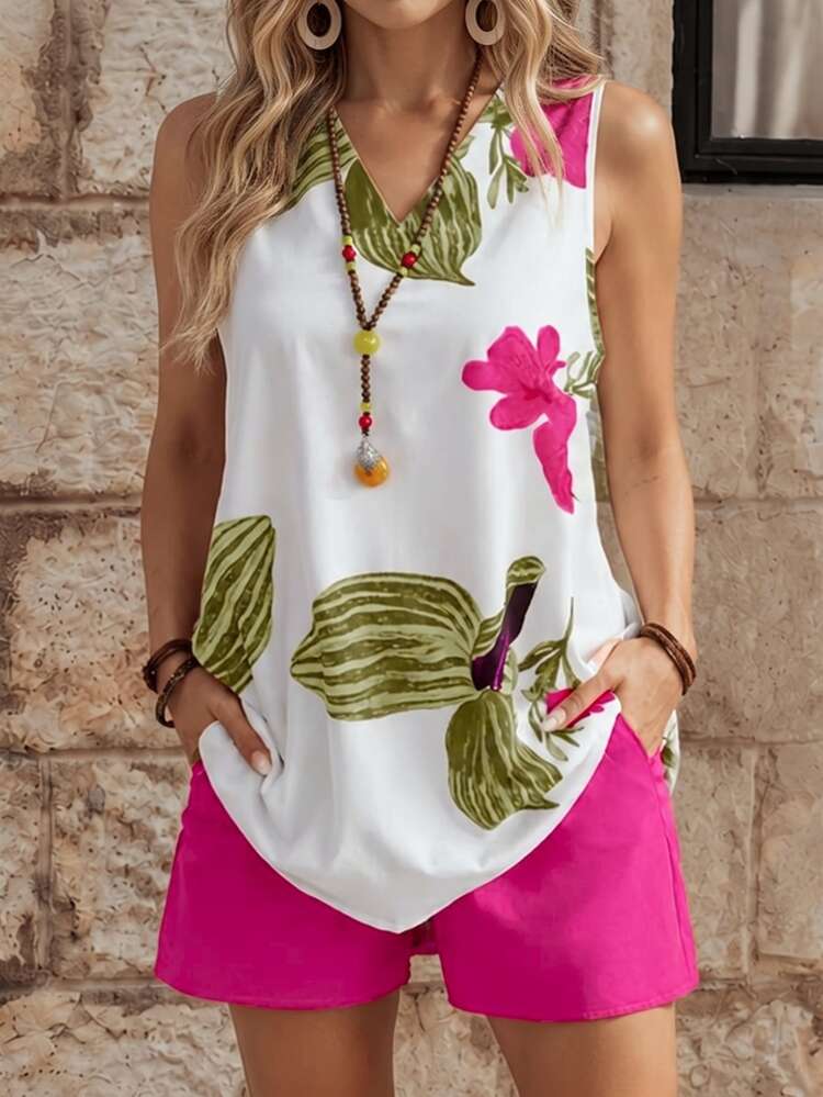EMERY ROSE Bộ 2 áo không tay in hoa và quần short, trang phục đi nghỉ/thường ngày - Màu Hồng Tươi - Xem 3