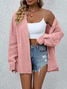EMERY ROSE Women's Solid Color Drop Shoulder Long Sleeve Single-Breasted Casual Loose Shirt Fall Cloth For Women - Pink - View 6