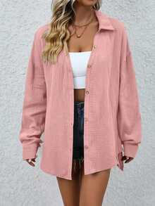 EMERY ROSE Women's Solid Color Drop Shoulder Long Sleeve Single-Breasted Casual Loose Shirt Fall Cloth For Women - Pink - View 7