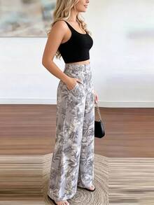 EMERY ROSE 女款灰色高腰寬腿寬鬆長褲 海灘秋季夏威夷休閒風 - 彩色 - 查看 3
