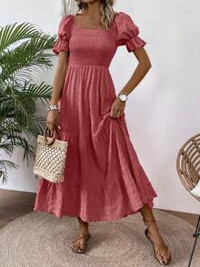 EMERY ROSE Women's Fashionable Solid Color A-Line Flared Puff Sleeve Dress Maxi Women Outfit - Watermelon Pink - View 6