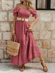 EMERY ROSE Women's Fashionable Solid Color A-Line Flared Puff Sleeve Dress Maxi Women Outfit