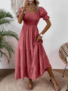 EMERY ROSE Women's Fashionable Solid Color A-Line Flared Puff Sleeve Dress Maxi Women Outfit - Watermelon Pink - View 5