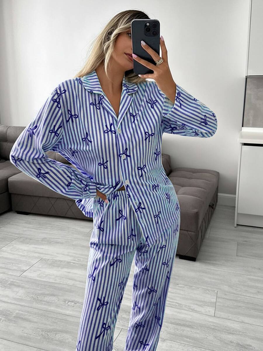 SHEIN Plus Size Cottonline Women 2 Pcs Button Front With Striped&Bot Pattern Homewear Cute Pajama Set