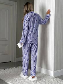 SHEIN Plus Size Cottonline Women 2 Pcs Button Front With Striped&Bot Pattern Homewear Cute Pajama Set - Royal Blue - View 3