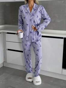 SHEIN Plus Size Cottonline Women 2 Pcs Button Front With Striped&Bot Pattern Homewear Cute Pajama Set - Royal Blue - View 6