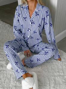 SHEIN Plus Size Cottonline Women 2 Pcs Button Front With Striped&Bot Pattern Homewear Cute Pajama Set - Royal Blue - View 7