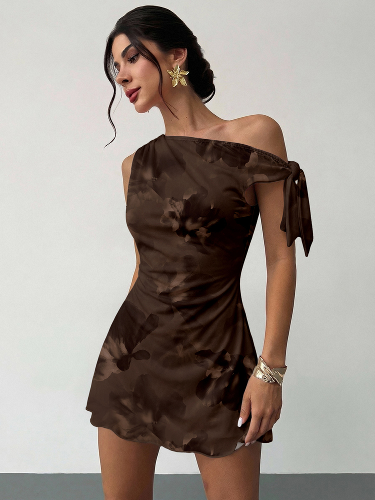 brown floral mini dress Firerie Women's Summer Elegant Asymmetrical Shoulder Mesh Dress, Tie Dye Party Night Vacation Beach Outfit,Hawaii Graduation Prom Marissa gold
