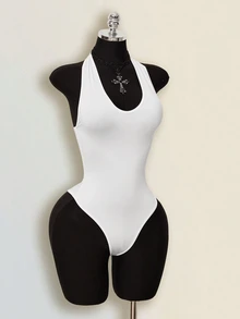 SHEIN ICON Women's Summer Casual Solid Color Backless Halter Bodysuit - Multicolor - View 5