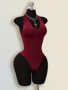 SHEIN ICON Women's Summer Casual Solid Color Backless Halter Bodysuit - Multicolor - View 12