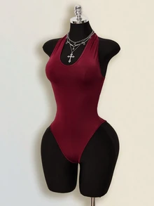 SHEIN ICON Women's Summer Casual Solid Color Backless Halter Bodysuit - Multicolor - View 8