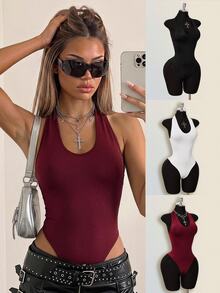 SHEIN ICON Women's Summer Casual Solid Color Backless Halter Bodysuit - Multicolor - View 3