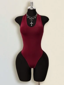 SHEIN ICON Women's Summer Casual Solid Color Backless Halter Bodysuit - Multicolor - View 9
