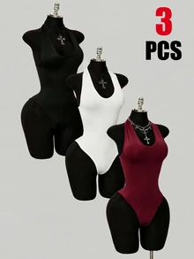 SHEIN ICON Women's Summer Casual Solid Color Backless Halter Bodysuit - Multicolor - View 17