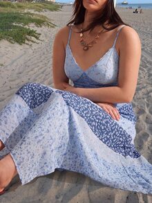 GalTyme 大尺碼女款全印花休閒波希米亞風日常夏季細肩帶洋裝 旅行度假淺藍色 - 淺藍色 - 查看 3