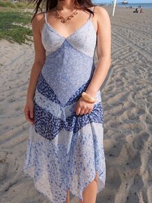 GalTyme 大尺碼女款全印花休閒波希米亞風日常夏季細肩帶洋裝 旅行度假淺藍色 - 淺藍色 - 查看 1