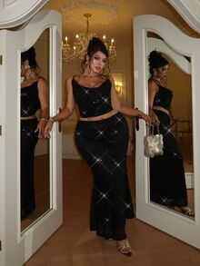 GalTyme Plus Size Elegant Sexy Party Evening Night Sequin Mermaid Skirt Halloween Black Summer - Black - View 5