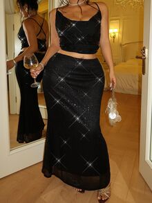 GalTyme Plus Size Elegant Sexy Party Evening Night Sequin Mermaid Skirt Halloween Black Summer - Black - View 4