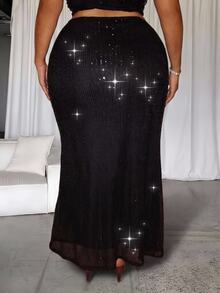 GalTyme Plus Size Elegant Sexy Party Evening Night Sequin Mermaid Skirt Halloween Black Summer - Black - View 2