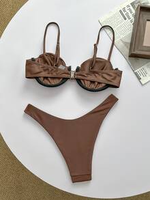 Swim Chiccia 纯色细肩带钢圈上衣和泳裤，夏季女士泳装套装 - 咖啡棕 - 查看 3