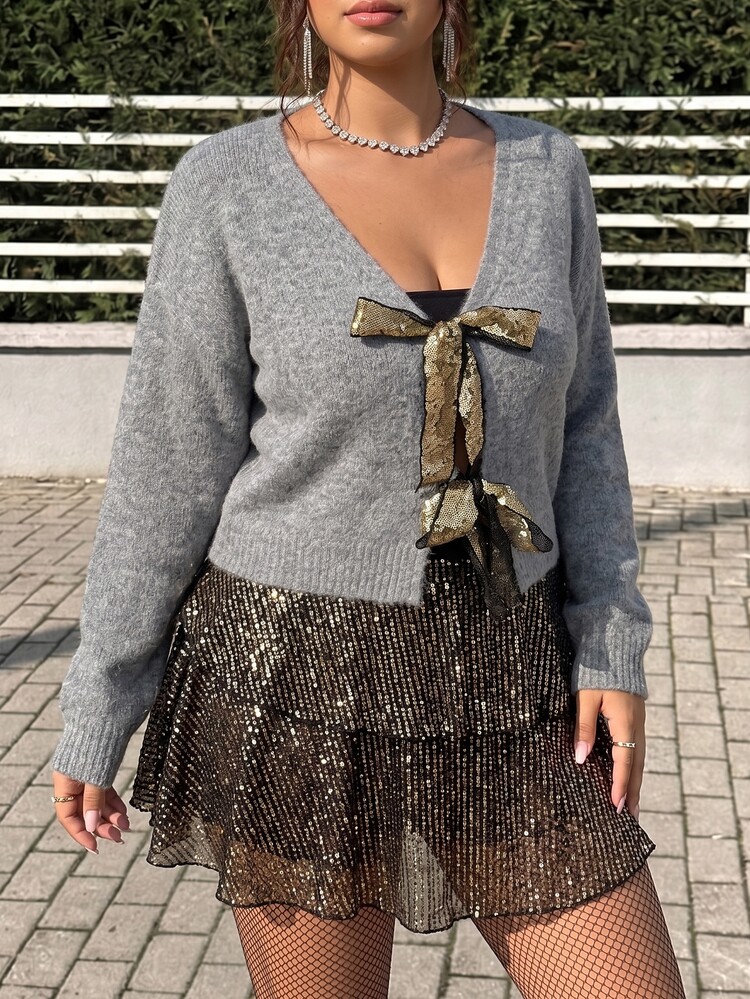 GalTyme Plus Size Sequin Fashion Bowknot Lace-Up Knit Cardigan Dinner Party Evening Formal Gold Autumn Elegant Casual 70's Winter - Dark Grey - View 4