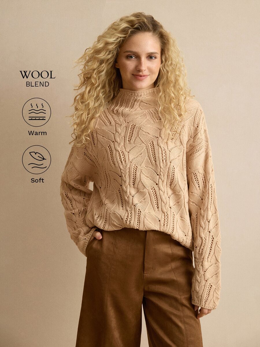 MOTF PREMIUM WOOL CABLE KNIT TURTLENECK SWEATER - Khaki - View 1