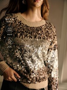 MOTF PREMIUM WOMEN'S AUTUMN/WINTER GRADIENT SEQUIN ROUND NECK PULLOVER KNIT SWEATER - Brown - View 2