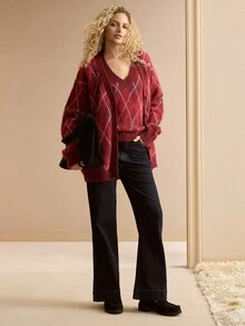 MOTF PREMIUM SET 2 POTONG SWEATER, ROMPI, DAN CARDIGAN MOTIF ARGYLE MERAH - Merah - View 6
