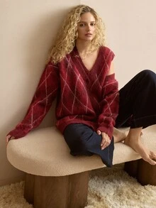 MOTF PREMIUM SET 2 POTONG SWEATER, ROMPI, DAN CARDIGAN MOTIF ARGYLE MERAH - Merah - View 7