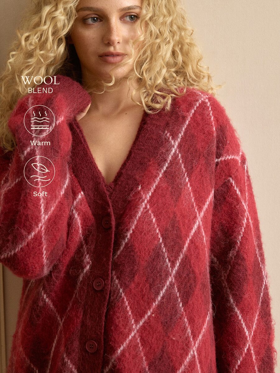 MOTF PREMIUM RED ARGYLE PATTERN SWEATER VEST AND CARDIGAN 2 PIECES SET - Red - View 2