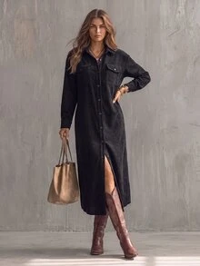Glimmora Women's Mid-Length Long Sleeve Button-Down Shirt Collar Dress - Black - View 1