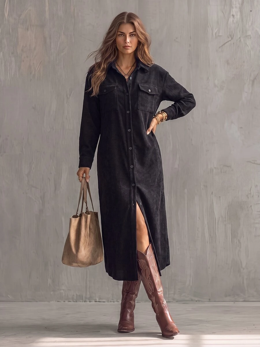 Glimmora Women's Mid-Length Long Sleeve Button-Down Shirt Collar Dress - Black - View 1