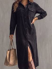 Glimmora Women's Mid-Length Long Sleeve Button-Down Shirt Collar Dress - Black - View 2
