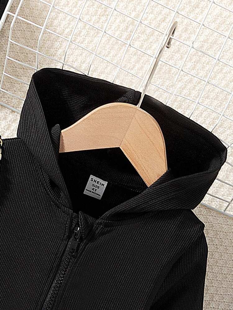 SHEIN Conjunto de sudadera corta con cremallera y pantalones acampanados de unicolor para niñas jóvenes, chaqueta de manga larga negra con ajuste ceñido, conjunto de moda para otoño e invierno para uso diario - Negro - Añade 8