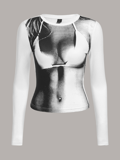 SHEIN ICON Camiseta primaveral de cuello redondo, manga larga y crop top con estampado 3D del Body