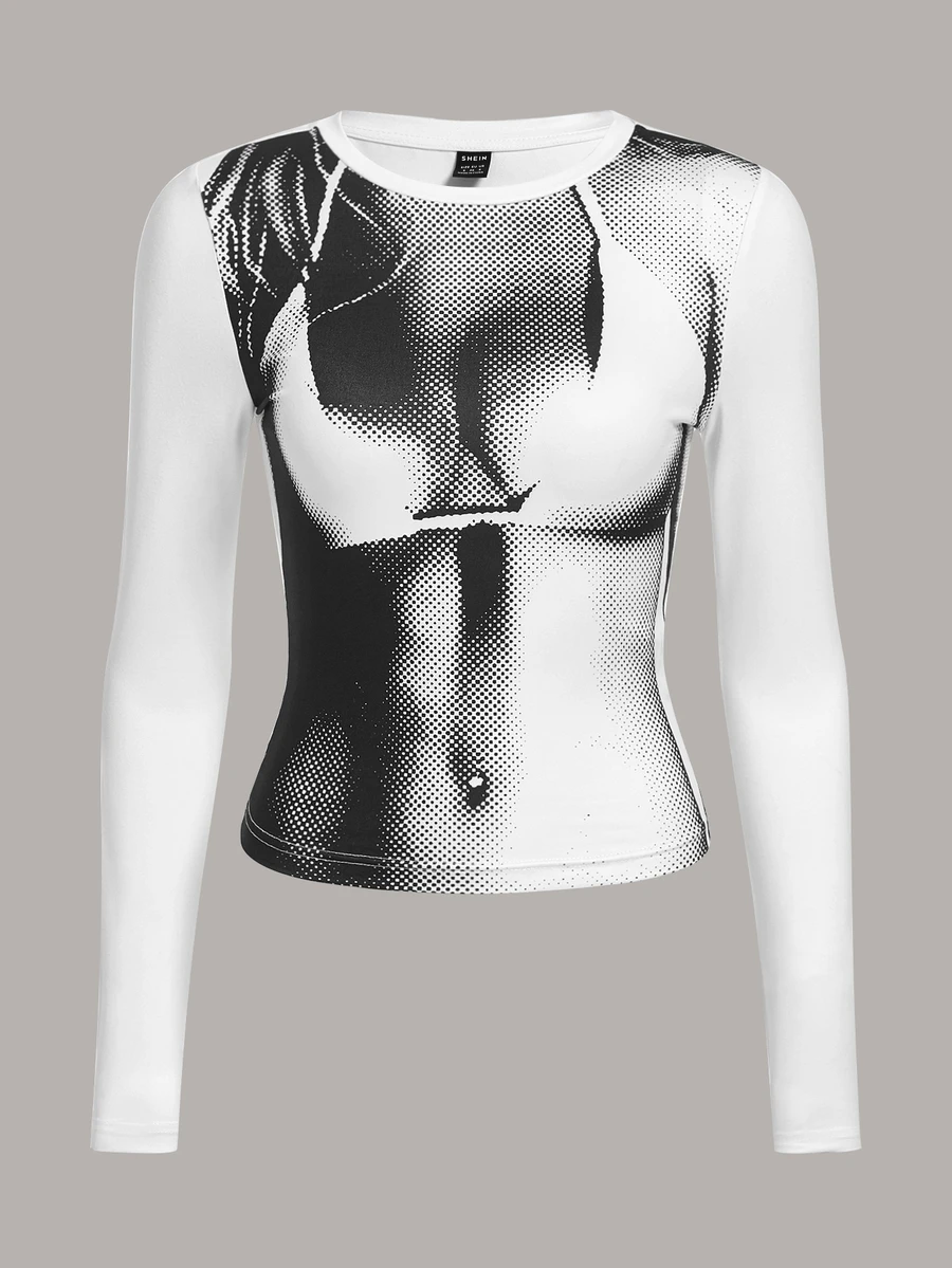 SHEIN ICON 3D Body Print Crop Round Neck Long Sleeves Spring Tee - White - View 1