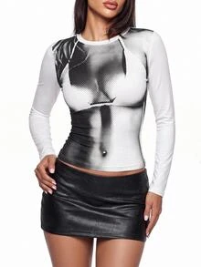 SHEIN ICON 3D Body Print Crop Round Neck Long Sleeves Spring Tee - White - View 3