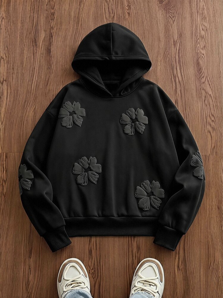 SWAVVY Men's Spring/Autumn Casual Loose Fit Black Hoodie Sweatshirt With All-Over Print - Black - View 4