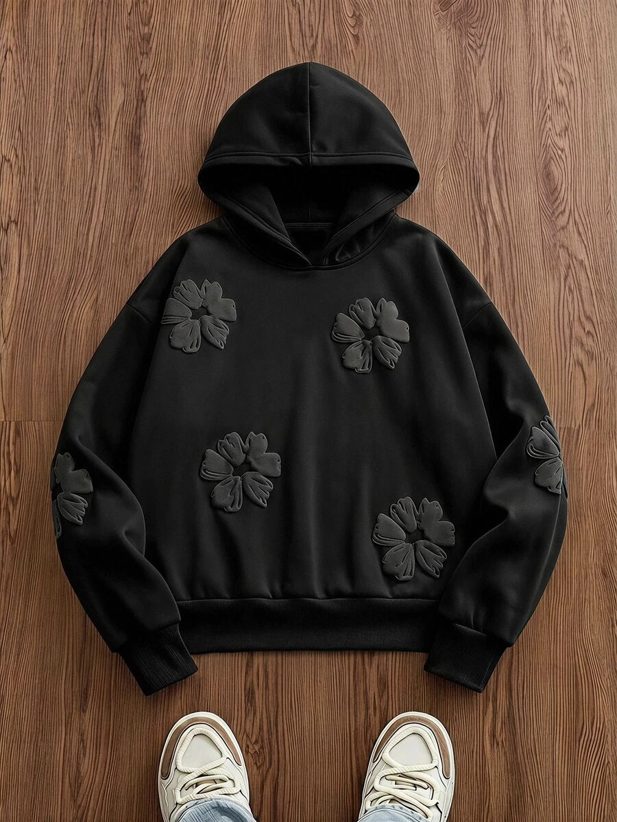 SWAVVY Men's Spring/Autumn Casual Loose Fit Black Hoodie Sweatshirt With All-Over Print - Black - View 1