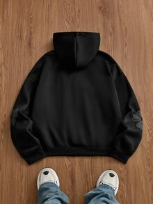 SWAVVY 男士春秋休閒寬鬆黑色連帽衛衣，滿版印花 - 黑色 - 查看 5