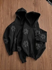 SWAVVY 男士春秋休閒寬鬆黑色連帽衛衣，滿版印花 - 黑色 - 查看 1