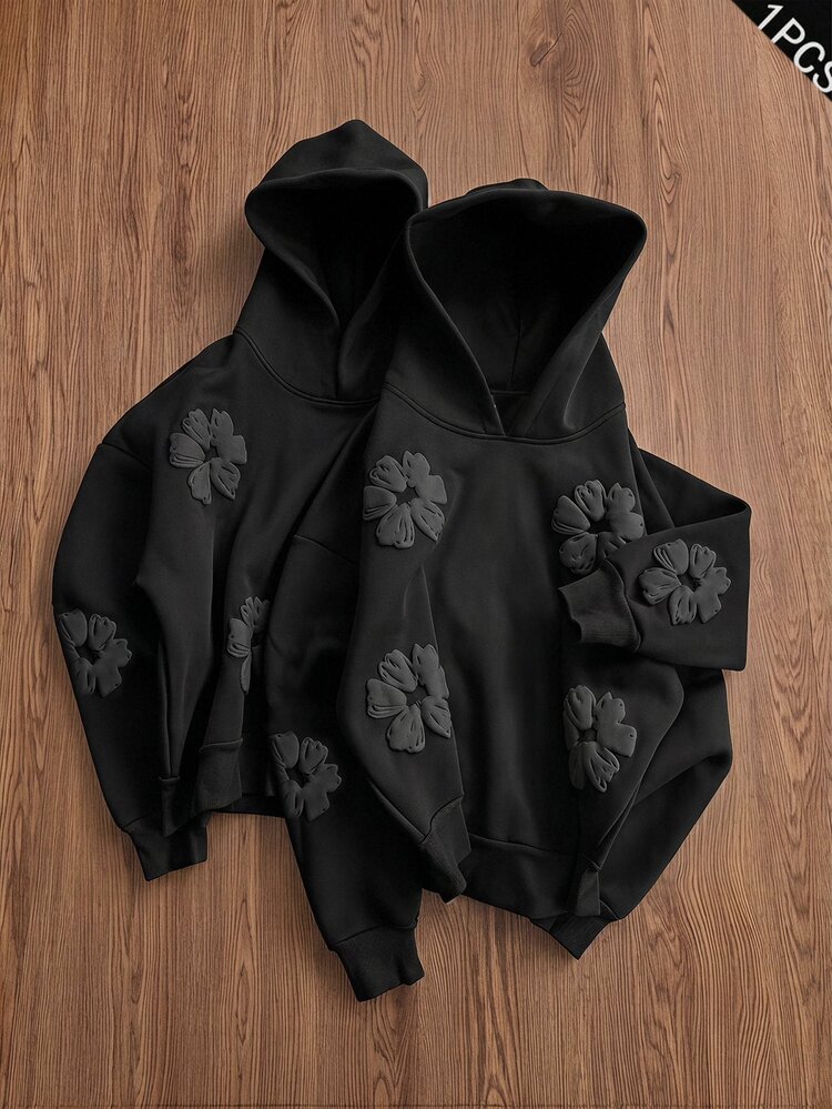 SWAVVY Men's Spring/Autumn Casual Loose Fit Black Hoodie Sweatshirt With All-Over Print - Black - View 1