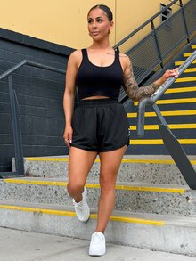 SAYEHFBABY Elastic Waist Sports Shorts With Phone Pocket Flowy ShortsWomen Sweat Short, Gym Short, Biker Short - Black - View 1
