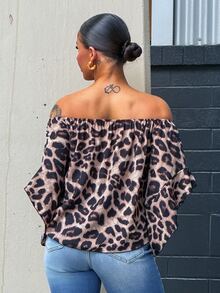 SAYEHFBABY Women's Leopard Print Off Shoulder Flare Sleeve Fashion Blouse - Multicolor - View 2