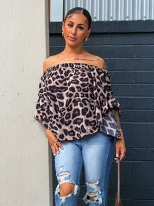 SAYEHFBABY Women's Leopard Print Off Shoulder Flare Sleeve Fashion Blouse - Multicolor - View 3