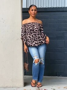 SAYEHFBABY Women's Leopard Print Off Shoulder Flare Sleeve Fashion Blouse - Multicolor - View 1