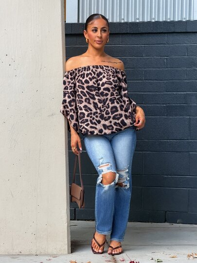 SAYEHFBABY Women's Leopard Print Off Shoulder Flare Sleeve Fashion Blouse